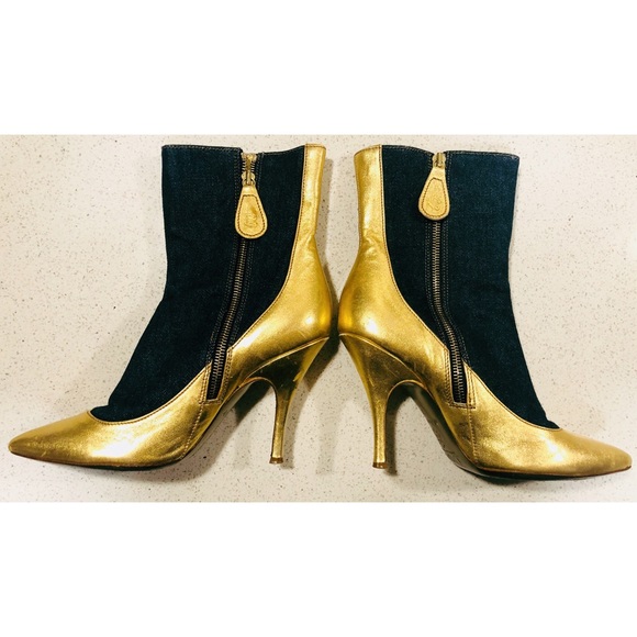 D&G Gold Leather Point Blue Denim Ankle Boots 38 8 - Picture 3 of 8
